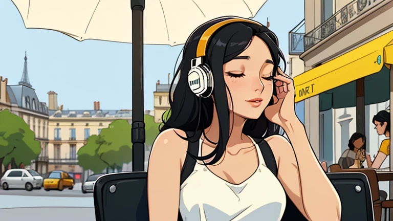 Beautiful woman in her 30s with black hair is sitting with headphones on the cafe terrace. Looking down, eyes closed, LOFI girl, relaxing mood, cozy, only five fingers, Paris city, colorful, Well-proportioned face, female Beautiful fingers,