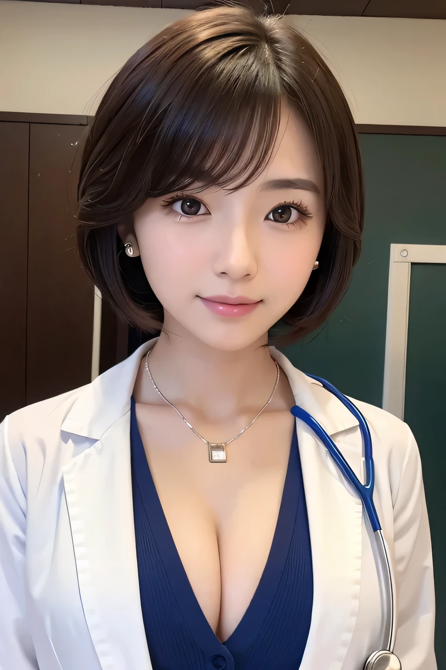 Young woman、 Japanese women、Brown Hair、Necklace around the neck、White、Doctor's attire、Stethoscope、Cleavage、Wavy Hair、short hair、Intricate details, Very detailed:1.2), 、 Looking into the camera,The background is the examination room...、ear piercing