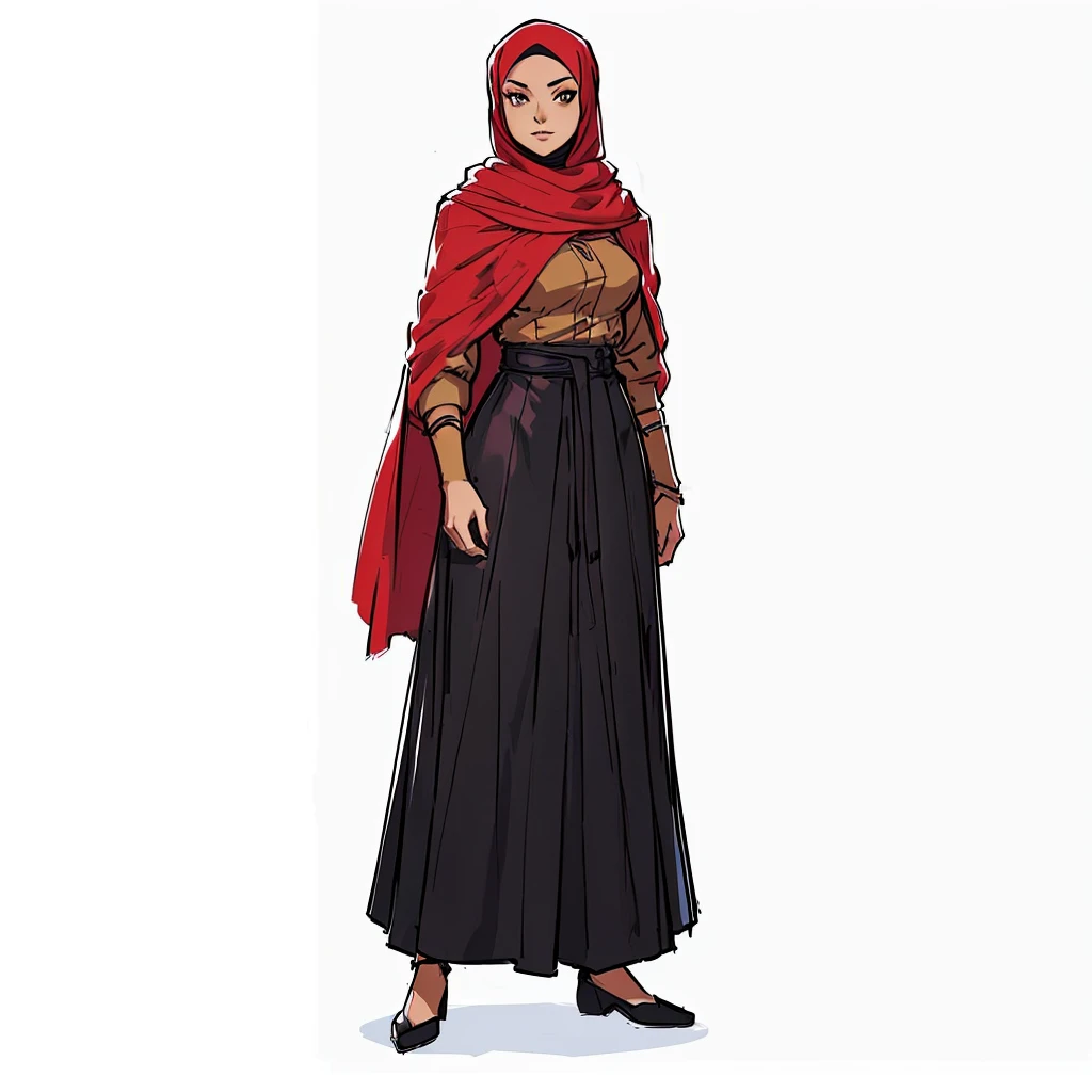 cartoon of a woman in a hijab and a red scarf, full body character concept art, full body character concept, character full body portrait, full body character portrait, full body character design, official character art, single character concept art, official character illustration, full-body character portrait, female lead character, female character, ( ( character concept art ) )