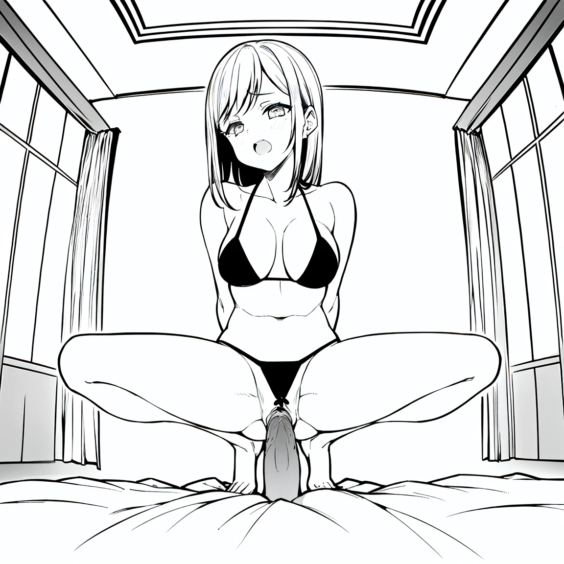 NSFW,(((1girl and 1men having sex, girl on top position ,sex, penis, squatting ,spread legs wide))), on the bed,POV, from below, ((highest quality)), absurd, perfect anatomy ,black bikini , sexy pose  ,arm behind back, (monochrome:1.4),bed room,, ((babyface:1.3)