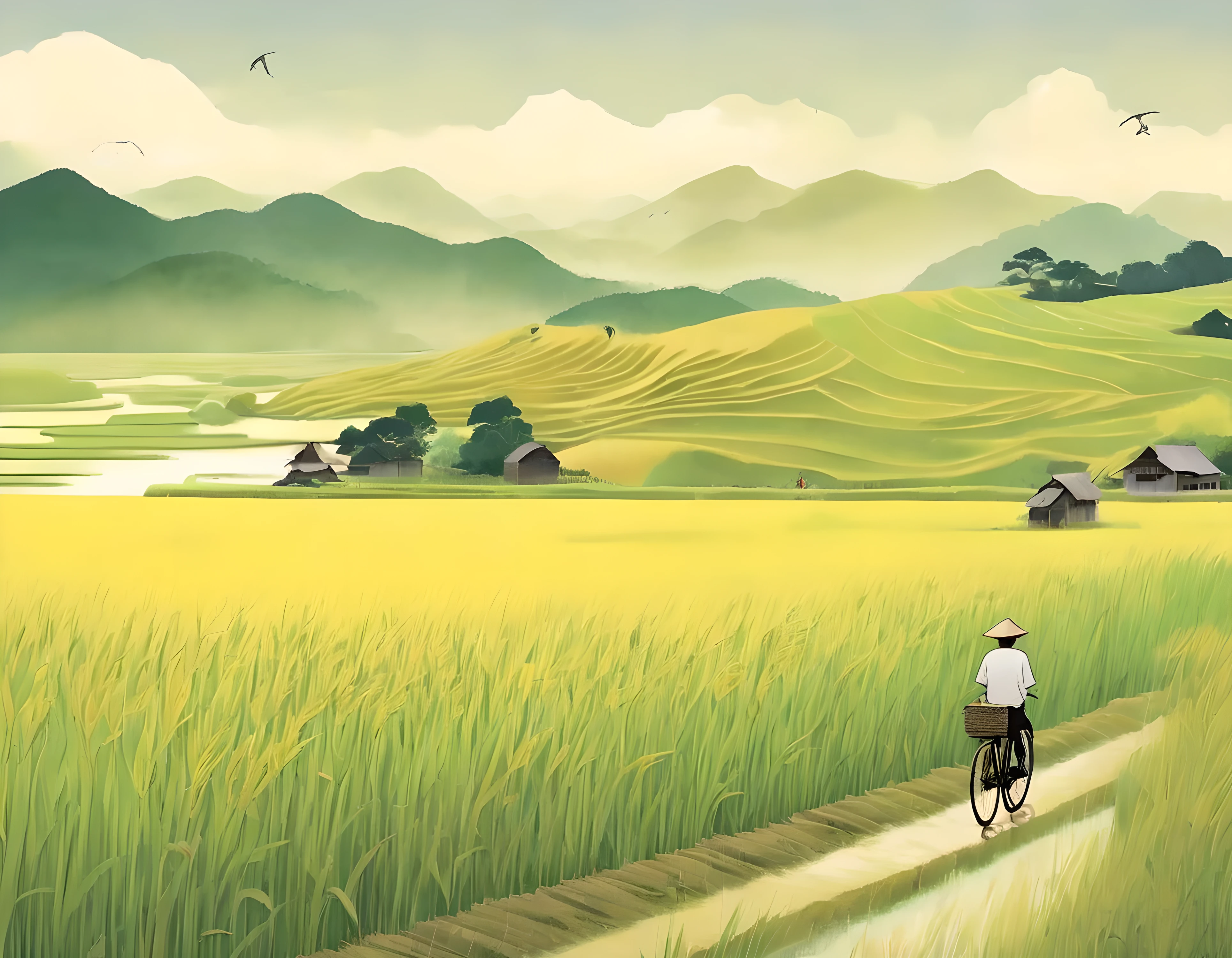 A beautiful illustration, Endless rice fields, half yellow half green, a boy riding a bicycle, Will Barnett (Will Barnet) modeling, Attached are 50D movie stills, Idyllic, Rural, panoramic,