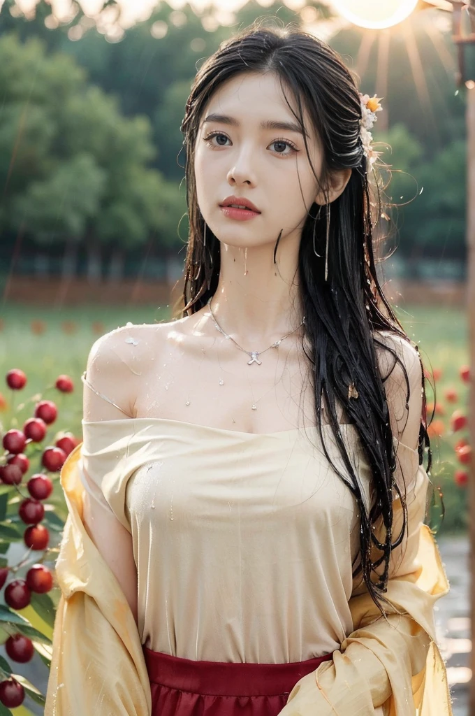 (((best quality))),(((ultra detailed))),(((masterpiece))),illustration,1 beautiful girl,solo,slim,thin,flat chest,shoulder length straight bob hair,flowing hair,fair skin,sparkling eyes,cherry red dress,delicate silver necklace,grass,dewdropletts,trees,bird chirping,rising sun,shimmering shadows,serenity,gratitude,awe,wonders of nature,peace,contentment,magnificent world,summer,(sunrise:1.5),(dark dawn:1.5),upper body,from front,(after rain:1.3),(wet:1.5),standing