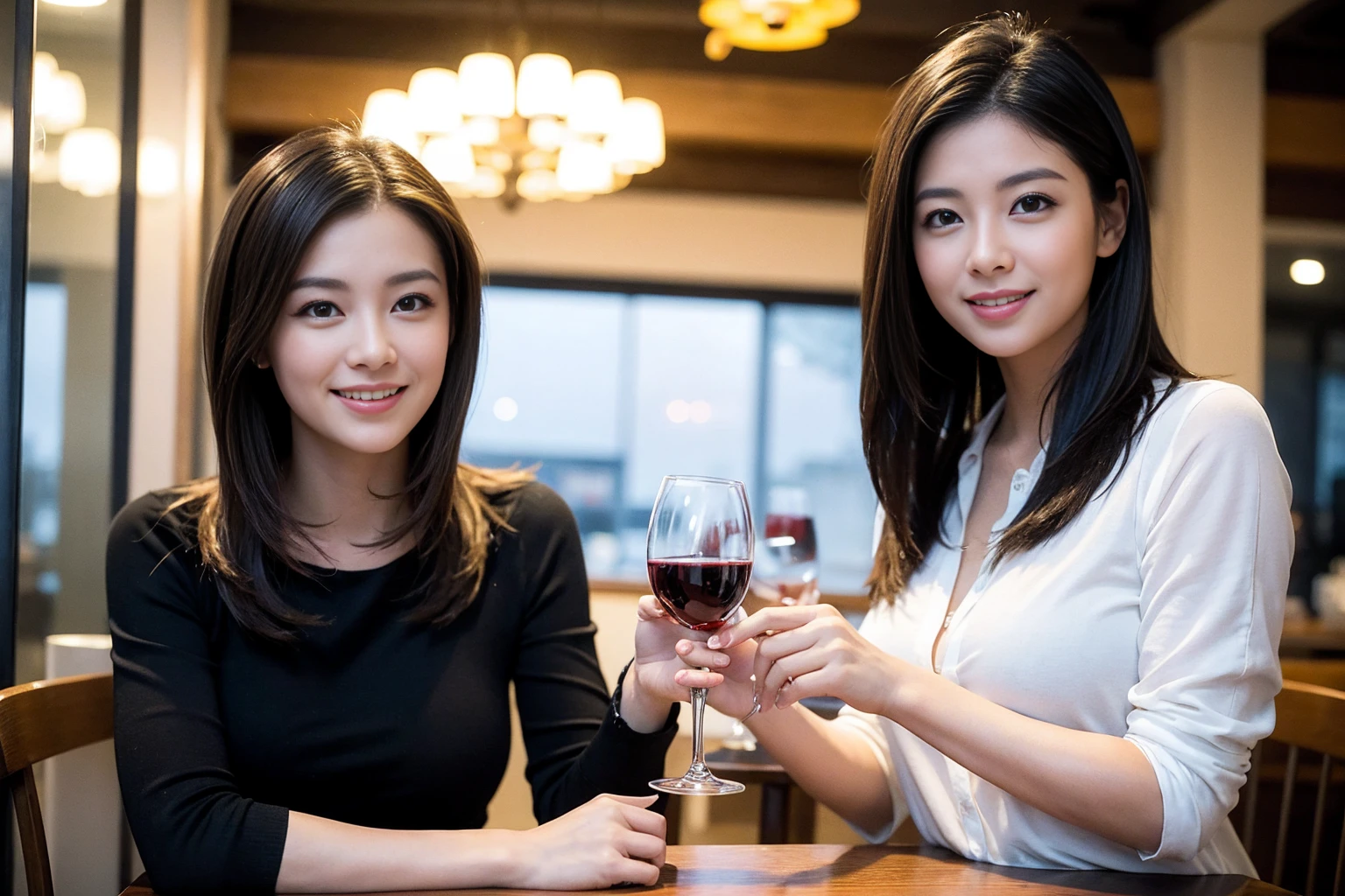 ((Highest quality、8K、masterpiece:1.3))、Sharp focus:1.2、Beautiful woman perfect body:1.4、slimなボディ、((Bob Hale、Straight hair:1.2))、(to be born, Highest quality, masterpiece:1.5), (Realistic, Intricate details:1.2), テーブルにwine glass、Shine light on your face、 Amazing view of the sunset sky and clouds、Amazing mountain views、ニコニコ明るいsmile、smileの素敵な女性、Bright image、2. The beauty of wine, Beautiful Face, blue eyes, The light shines on your face, Blushing, short hair,Bright Face、Fox face、43 years old), 39 years old, Lady、red wine 、Appetizers、Italian food、Wine bottle、Champagne、sparkling wine、Two beauties、Brown Hair、Shortcuts、Long sleeve shirt、dress、Beautiful woman 1, (slimな顔), (The body is slim), (Brown Hair), (Shortcuts), cheeks turn a little red,Attractive beauty、, Out of the window, Beautiful and detailed night view.........., restaurant, In a prominent place (From the waist up) Nova Frog Style, actress, model, Upper Body, White wine, slim, wine glass, 真ん中に置かれたwine glass, smile, (smile: 1.15), Beautiful fine grain, Depth f/2,saturation, High Contrast, Strong light and shadow,Moist Body:1.5、 texture、Delicate eyes、Brown Hair、The hair is very shiny、