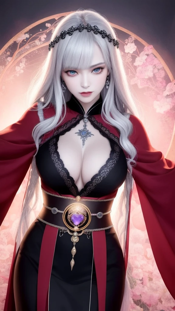 (masterpiece, top quality, 1 female, solo, exquisite details, chromatic aberration), (realistic), (skin), ((breathing)), (silver hair, blunt bangs, short cut straight long hair, short cut bangs, silver hair), beautiful hair, red headdress, blue highlights, hair over one eye, purple eyes, thick lips, earrings, piercing eyes, cute eyes, ((white and gold kimono)), ((symmetrical eyes)), ((perfectly symmetrical body)), ((perfectly symmetrical hands)), (purerosface_v1:0.3), night, (((self, natural light))), bright lighting, flowers blooming in the background, front of viewer, ((central shot, from the front, (face and waist))), mysterious atmosphere, flowers blooming around, light colored background, fortune teller in kimono, beautiful fortune teller, fortune teller, dark fantasy female fortune teller, female fortune teller, f Fantasy photography, magician, witch fairy tale, Japanese style, elegant cinematic fantasy art, fantasy woman, magician portrait, casting a spell, fortune teller, unsexy kimono, A powerful wizard stands in a mysterious forest, fluttering robes adorned with symbols, holding a glowing heart crystal ball, eyes glowing with mystical energy, spells leaking from his mouth, vivid swirling patterns of black magic pulsating in hues of red and blue appear in the air, magic permeates, flowers bloom and sacred creatures gaze in awe, threads of magical energy dance, revealing hidden realms and unravelling secrets, capturing the essence of this enchanting moment and bringing to life the mysterious power of black magic on a canvas of the highest quality and finest detail. Top Quality, Masterpiece, Ultra High Resolution, (Photorealistic: 1.4), RAW Photo, Sharp Focus, High Resolution, Detailed Skin, .