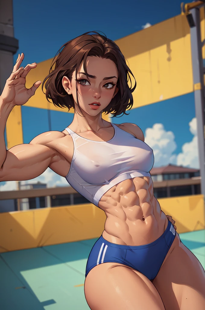 (masterpiece,best quality,absurdres,beautiful,aesthetic,detailed),female gymnast,cinematic angle,1girl, six-pack abs