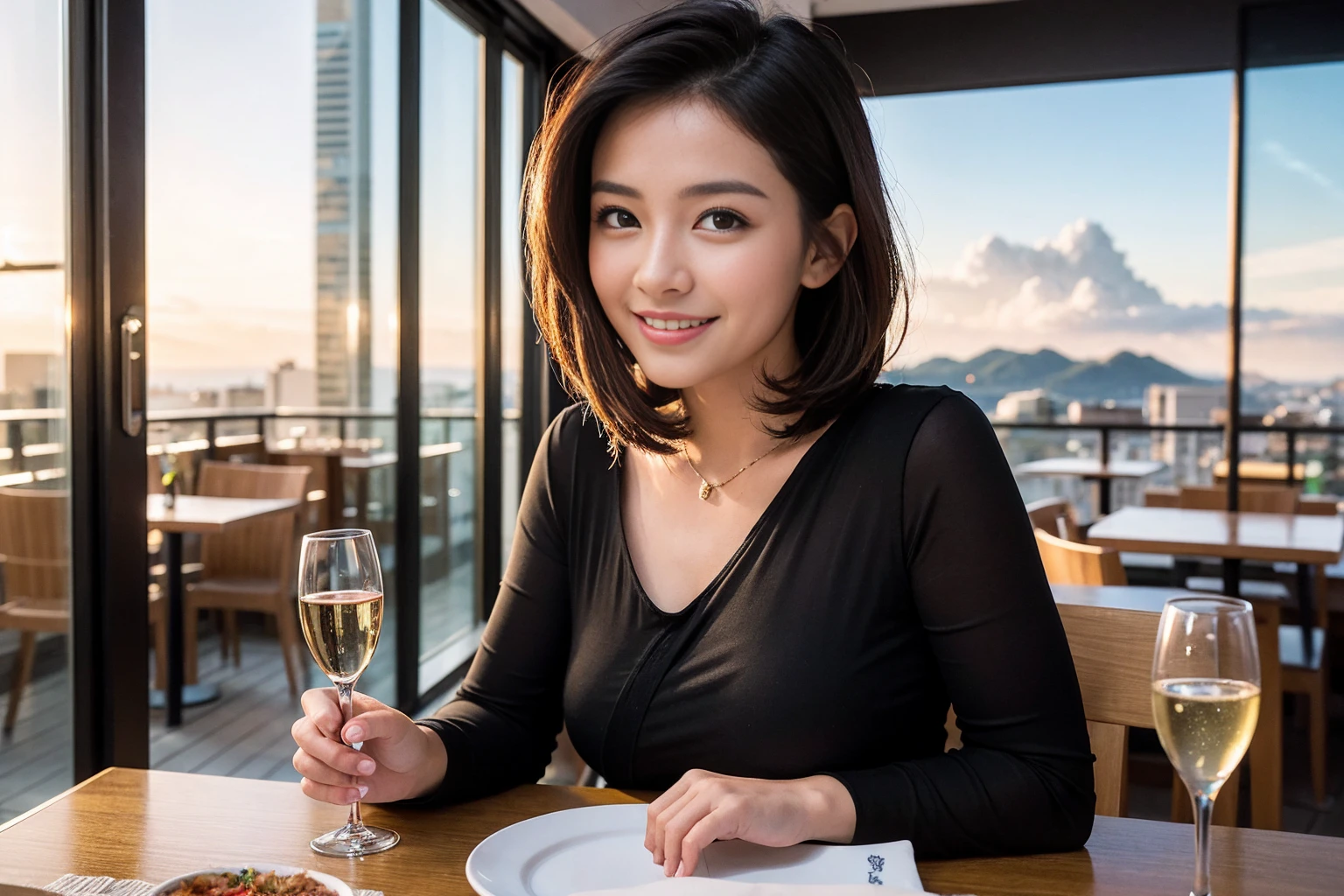 ((Highest quality、8K、masterpiece:1.3))、Sharp focus:1.2、Beautiful woman perfect body:1.4、slimなボディ、((Bob Hale、Straight hair:1.2))、(to be born, Highest quality, masterpiece:1.5), (Realistic, Intricate details:1.2), テーブルにwine glass、Shine light on your face、 Amazing view of the sunset sky and clouds、Amazing mountain views、ニコニコ明るいsmile、smileの素敵な女性、Bright image、2. The beauty of wine, Beautiful Face, blue eyes, The light shines on your face, Blushing, short hair,Bright Face、Fox face、43 years old), 39 years old, Lady、red wine 、Appetizers、Italian food、Wine bottle、Champagne、sparkling wine、Two beauties、Brown Hair、Shortcuts、Long sleeve shirt、dress、Beautiful woman 1, (slimな顔), (The body is slim), (Brown Hair), (Shortcuts), cheeks turn a little red,Attractive beauty、, Out of the window, Beautiful and detailed night view.........., restaurant, In a prominent place (From the waist up) Nova Frog Style, actress, model, Upper Body, White wine, slim, wine glass, 真ん中に置かれたwine glass, smile, (smile: 1.15), Beautiful fine grain, Depth f/2,saturation, High Contrast, Strong light and shadow,Moist Body:1.5、 texture、Delicate eyes、Brown Hair、The hair is very shiny、
