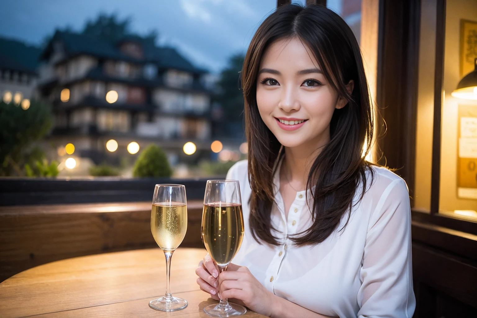 ((Highest quality、8K、masterpiece:1.3))、Sharp focus:1.2、Beautiful woman perfect body:1.4、slimなボディ、((Bob Hale、Straight hair:1.2))、(to be born, Highest quality, masterpiece:1.5), (Realistic, Intricate details:1.2), テーブルにwine glass、Shine light on your face、 Amazing view of the sunset sky and clouds、Amazing mountain views、ニコニコ明るいsmile、smileの素敵な女性、Bright image、2. The beauty of wine, Beautiful Face, blue eyes, The light shines on your face, Blushing, short hair,Bright Face、Fox face、43 years old), 39 years old, Lady、red wine 、Appetizers、Italian food、Wine bottle、Champagne、sparkling wine、Two beauties、Brown Hair、Shortcuts、Long sleeve shirt、dress、Beautiful woman 1, (slimな顔), (The body is slim), (Brown Hair), (Shortcuts), cheeks turn a little red,Attractive beauty、, Out of the window, Beautiful and detailed night view.........., restaurant, In a prominent place (From the waist up) Nova Frog Style, actress, model, Upper Body, White wine, slim, wine glass, 真ん中に置かれたwine glass, smile, (smile: 1.15), Beautiful fine grain, Depth f/2,saturation, High Contrast, Strong light and shadow,Moist Body:1.5、 texture、Delicate eyes、Brown Hair、The hair is very shiny、