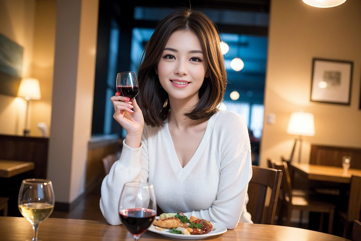 ((Highest quality、8K、masterpiece:1.3))、Sharp focus:1.2、Beautiful woman perfect body:1.4、slimなボディ、((Bob Hale、Straight hair:1.2))、(to be born, Highest quality, masterpiece:1.5), (Realistic, Intricate details:1.2), テーブルにwine glass、Shine light on your face、 Amazing view of the sunset sky and clouds、Amazing mountain views、ニコニコ明るいsmile、smileの素敵な女性、Bright image、2. The beauty of wine, Beautiful Face, blue eyes, The light shines on your face, Blushing, short hair,Bright Face、Fox face、43 years old), 39 years old, Lady、red wine 、Appetizers、Italian food、Wine bottle、Champagne、sparkling wine、Two beauties、Brown Hair、Shortcuts、Long sleeve shirt、dress、Beautiful woman 1, (slimな顔), (The body is slim), (Brown Hair), (Shortcuts), cheeks turn a little red,Attractive beauty、, Out of the window, Beautiful and detailed night view.........., restaurant, In a prominent place (From the waist up) Nova Frog Style, actress, model, Upper Body, White wine, slim, wine glass, 真ん中に置かれたwine glass, smile, (smile: 1.15), Beautiful fine grain, Depth f/2,saturation, High Contrast, Strong light and shadow,Moist Body:1.5、 texture、Delicate eyes、Brown Hair、The hair is very shiny、