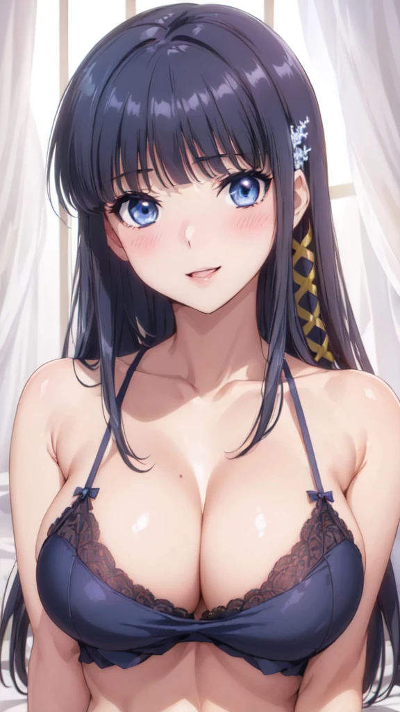(masterpiece:1.5),(from below:1.4),(Browsing Caution,nude:1.5),(Perfect skeleton:1.5),(Bright room:1.3),(Sleep on your back:1.4),Perfect female body,(鮮やかなcolor:1.3),Perfect lighting,(Light from the front,Light on the face:1.3),(Extremely accurate details,Ultra-high resolution,Highly detailed CG Unity 8k wallpaper:1.5),(Realistic,Photorealistic,超Realisticな:1.5),(curve,model,Glamour:1.5),(Large Breasts:1.4),(K cup breasts),Beautiful breasts,color_aberration,Beautiful detailed shadows,Beautiful Eyes,Beautiful body,Beautiful Skin,Beautiful Hands,(Aesthetic Anime Eyes:1.4),(arms behind back:1.4),Shiny Hair,(Black Hair:1.5),(Straight long hair:1.5),(Beautiful Hair:1.4),(smile,blush:1.4),(topless:1.4),(No bra:1.3),(High-quality fabric,Highly detailed panties,Lace-trimmed legwear:1.4),Large Breasts,Bedroom,Beautiful breasts,(White hair ornament:1.4),(黄colorの髪飾り:1.3),blue eyes,And soul,(Open your mouth a little:1.0),(Lips:1.4),(Camel Toe:1.3),
(Big anime girl lying on her back on bed:1.4),(White panties:1.3),