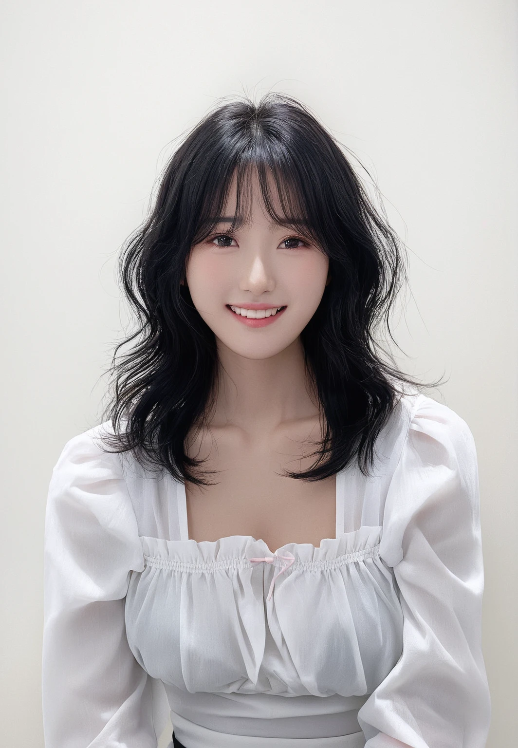 Best Quality, 8k, Masterpiece, (Portrait: 1.3), (photo realistic:1.4), (hyper realistic:1.4), Sharp Focus, looking at viewer, (smoother lighting:1.1), (increase cinematic lighting quality:0.9), realistic lighting, backlighting, light on face, ray trace, (brightening light:1.2), (Increase quality:1.4), sharp detail, (best quality real texture skin:1.4), finely detailed eyes, black_eyes, finely detailed face, 25 year old Korean woman, (pink formal_shirt:1.4), (Create an image maintaining the original base model hairstyle:1.5)