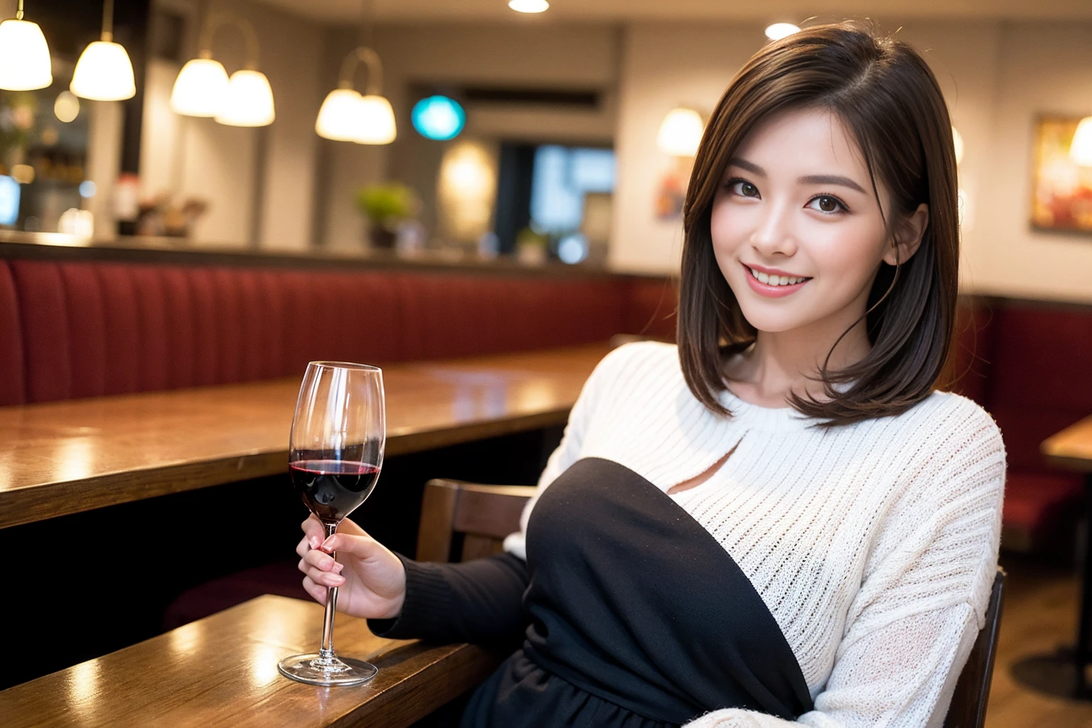 ((Highest quality、8K、masterpiece:1.3))、Sharp focus:1.2、Beautiful woman perfect body:1.4、slimなボディ、((Bob Hale、Straight hair:1.2))、(to be born, Highest quality, masterpiece:1.5), (Realistic, Intricate details:1.2), テーブルにwine glass、Shine light on your face、 Amazing view of the sunset sky and clouds、Amazing mountain views、ニコニコ明るいsmile、smileの素敵な女性、Bright image、2. The beauty of wine, Beautiful Face, blue eyes, The light shines on your face, Blushing, short hair,Bright Face、Fox face、 (43 years old), 39 years old, Lady、red wine 、Appetizers、Italian food、Wine bottle、Champagne、sparkling wine、Two beauties、Brown Hair、Shortcuts、Long sleeve shirt、dress、Beautiful woman 1, (slimな顔), (The body is slim), (Brown Hair), (Shortcuts), cheeks turn a little red,Attractive beauty、, Out of the window, Beautiful and detailed night view.........., restaurant, In a prominent place (From the waist up) Nova Frog Style, actress, model, Upper Body, White wine, slim, wine glass, 真ん中に置かれたwine glass, smile, (smile: 1.15), Beautiful fine grain, Depth f/2,saturation, High Contrast, Strong light and shadow,Moist Body:1.5、3D texture、Delicate eyes、Brown Hair、The hair is very shiny、