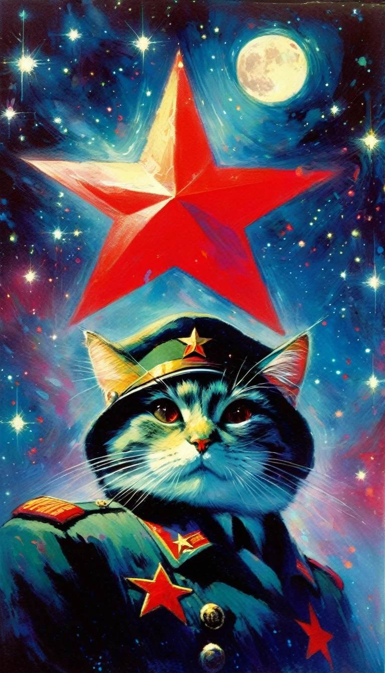 1communist cat, red star, magic, fantastic, night sky, moon, stars, background, (art inspired in Bill Sienkiewicz). oil painting)