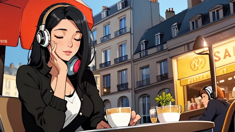 Beautiful woman in her 30s with black hair is sitting with headphones on the cafe terrace. Looking down, eyes closed, LOFI girl, relaxing mood, cozy, only five fingers, Paris city, colorful, Well-proportioned face, female Beautiful fingers,