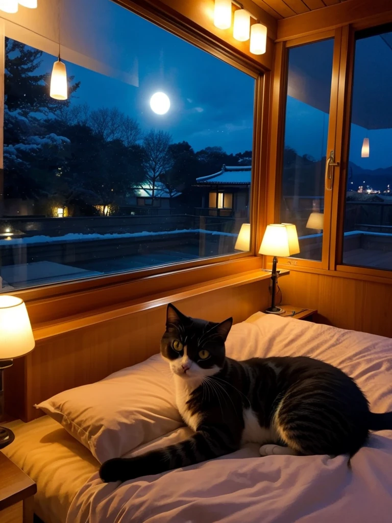 Cat、Kizitora、night、room、On the bed、Small window、