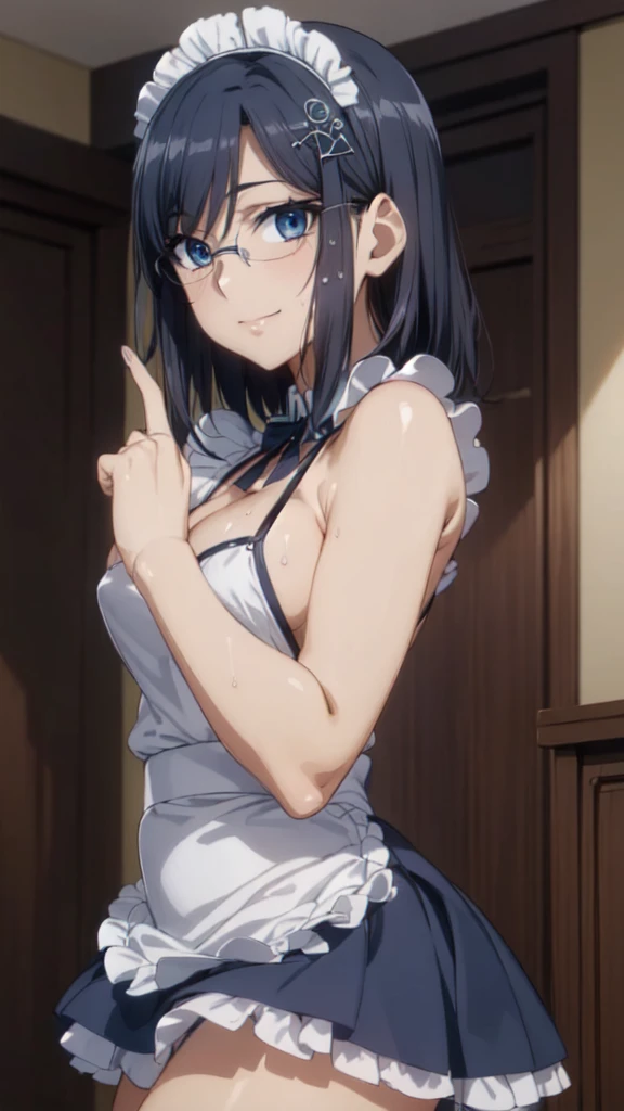 (From the side:1.3),One Girl,18-year-old,(Perfect hands:1.3), Perfect Fingers,Perfect Anatomy, (masterpiece:1.4), Highest quality,Realistic, hyperRealistic, 16k hdr, morning, short hair,Put your arms behind your back,(Aesthetic Anime Eyes:1.4),Condescending eyes,Beautiful Eyes,(Beautiful female hands:1.3),Small hands,(Thin fingers:1.3), (Navy Blue Hair), blue eyes, Glasses,Something like that, Cafe,Are standing,(Sweat:1.3),(smile:1.2),Big Breasts,Cleavage,(Sexy maid outfit,Head ornament:1.2),Ultra mini skirt,Frills,Sexy maid outfit,White panties,raise one leg slightly,