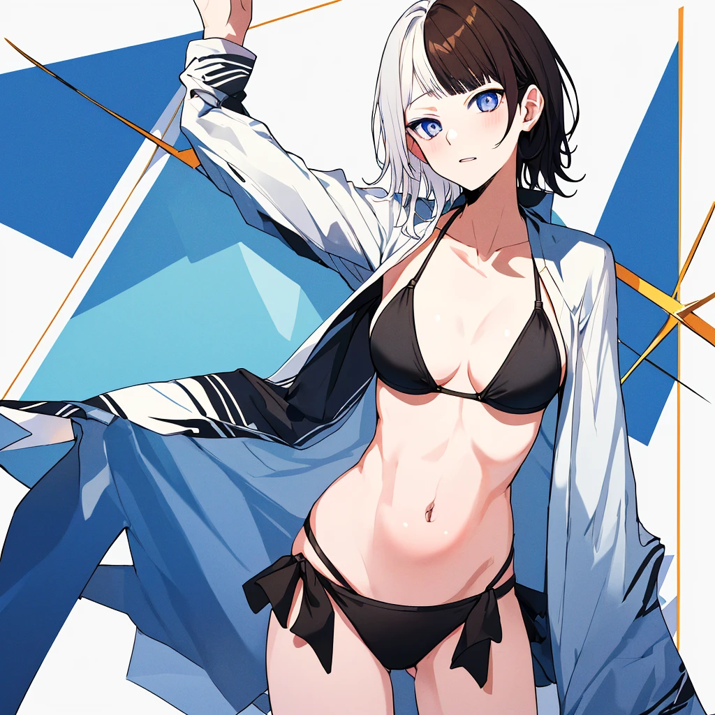 absurdres, best quality, androgynous, solo, looking at viewer, TachibanaHinano, bikini, (short hair:0.75), medium , (split-color hair), blue eyes,