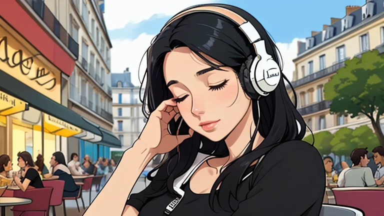 Beautiful woman in her 30s with black hair is sitting with headphones on the cafe terrace. Looking down, eyes closed, LOFI girl, relaxing mood, cozy, only five fingers, Paris city, colorful, Well-proportioned face, female Beautiful fingers,