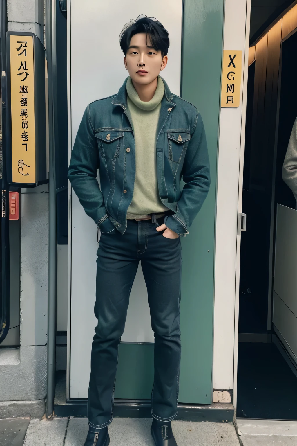 full body portrait of a handsome Korean man wearing a green denim jacket,black shirt,blue scarf around the neck,the man was calling at a public telephone booth ,the man faced forward