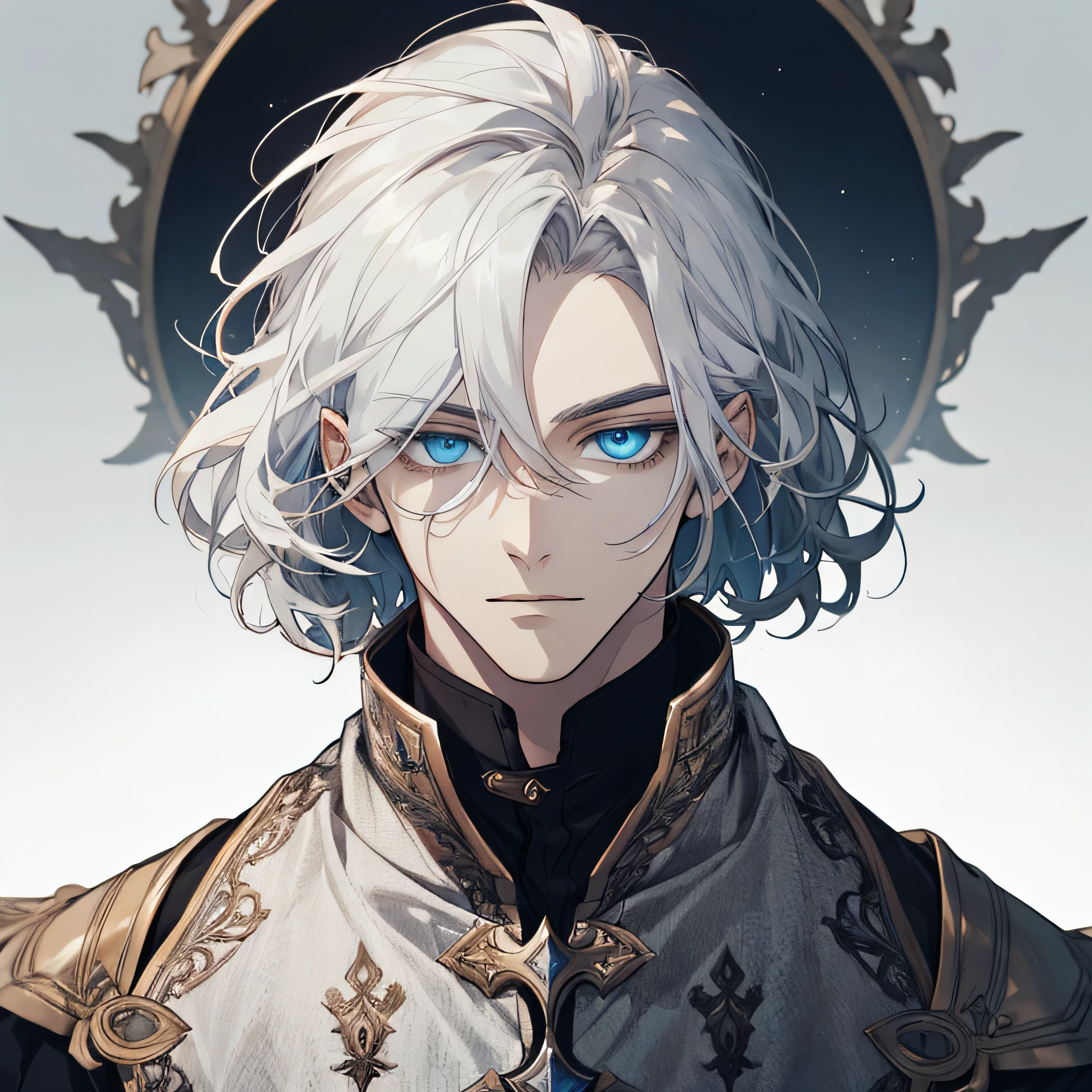 (extreamly delicate and handsome:1.2), 8K,(шедевр:1.0),(best_quality:1.0), 1man,, finely eye and detailed face, white simple medieval outfit, ruinscape background, (closed mouths),long white hair, Perfect eyes, blue sea eyes, Equal eyes, (A male god)