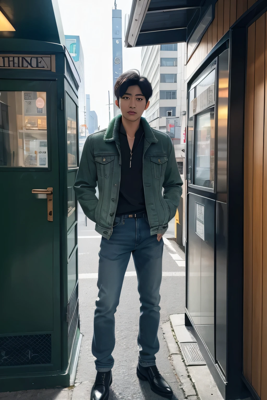 full body portrait of a handsome Korean man wearing a green denim jacket,black shirt,blue scarf around the neck,the man was calling at a public telephone booth ,the man faced forward