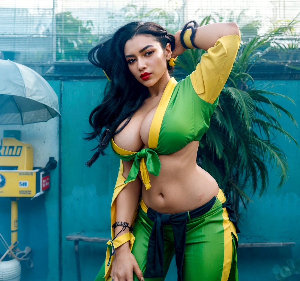 a close-up of a Brazilian woman with black hair, hair with two types of hairstyles, wearing green and yellow kimono, dark green eyes, lipstick on red lips, portrait of laura, jogo Street Fighter v, sculptural body, well defined and beautiful breasts, 4 K, high détail, very beautiful and sensual face; 