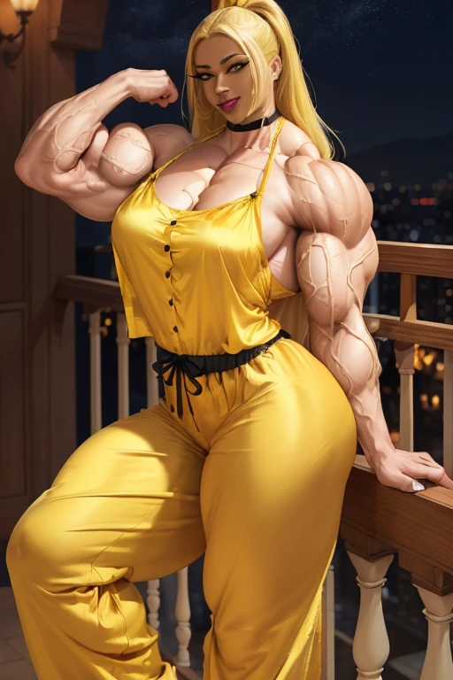 (((((Massive tall, beautiful, buff, light brown skinned muscular woman with yellow hair, black lipstick, ginormous bulky muscles, beautifully posing and wearing a silk yellow pajama blouse with yellow silk pajamas pants))))), close view, massive muscle, massive biceps, hyper muscle shoulders, (massive muscle arms), vascular shoulders, hyper muscle triceps, (long flowing hair), gray eyes, choker, slippers, (in a hotel balcony), confidant smile, night, hyper vascular arm, hyper muscles arms, hyper muscle legs, (massive arms).