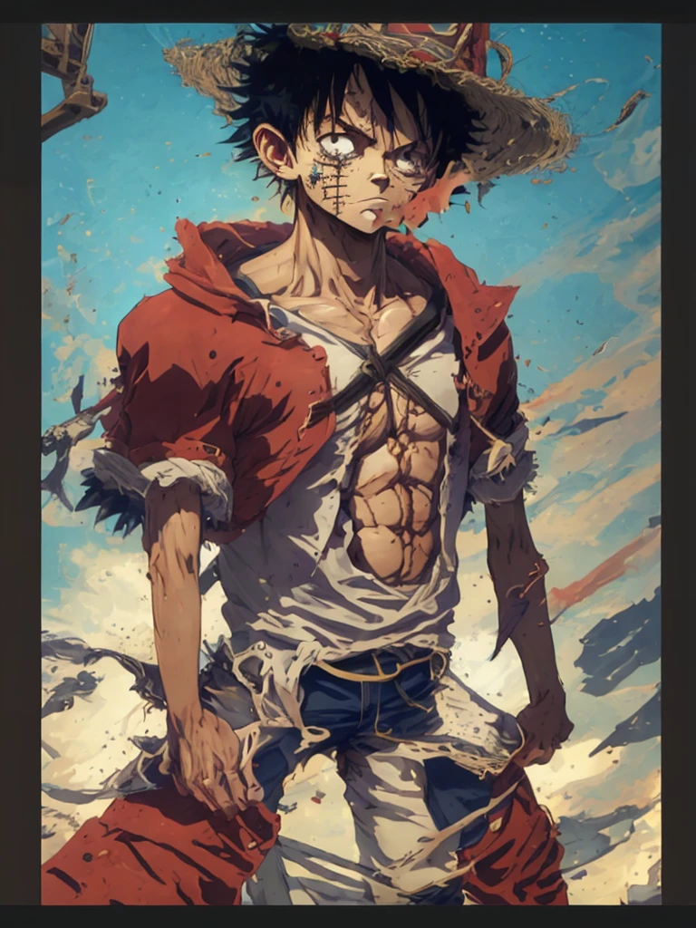 painterly style, badass male character looking like the fusion between Luffy and a Saiyan at war, character design, body is adorned with glowing yellow runes, yellow aura around him, body dynamic epic action pose, intricate, highly detailed, epic and dynamic composition, dynamic angle, intricate details, multicolor explosion, blur effect, sharp focus, uhd, hdr, colorful shot, stormy weather, tons of flying debris around him, dark city background, modifier=CarnageStyle, color=blood_red, intensity=1.6
