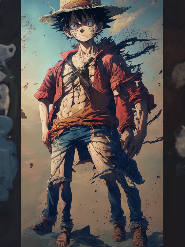 painterly style, badass male character looking like the fusion between Luffy and a Saiyan at war, character design, body is adorned with glowing yellow runes, yellow aura around him, body dynamic epic action pose, intricate, highly detailed, epic and dynamic composition, dynamic angle, intricate details, multicolor explosion, blur effect, sharp focus, uhd, hdr, colorful shot, stormy weather, tons of flying debris around him, dark city background, modifier=CarnageStyle, color=blood_red, intensity=1.6