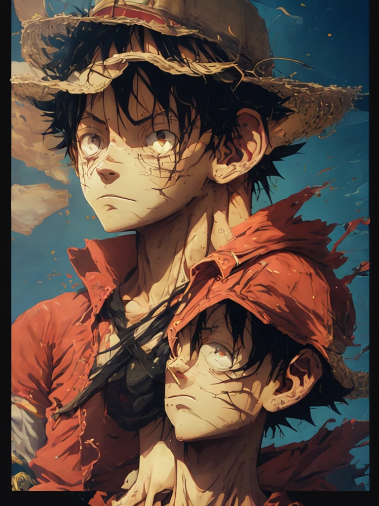 painterly style, badass male character looking like the fusion between Luffy and a Saiyan at war, character design, body is adorned with glowing yellow runes, yellow aura around him, body dynamic epic action pose, intricate, highly detailed, epic and dynamic composition, dynamic angle, intricate details, multicolor explosion, blur effect, sharp focus, uhd, hdr, colorful shot, stormy weather, tons of flying debris around him, dark city background, modifier=CarnageStyle, color=blood_red, intensity=1.6