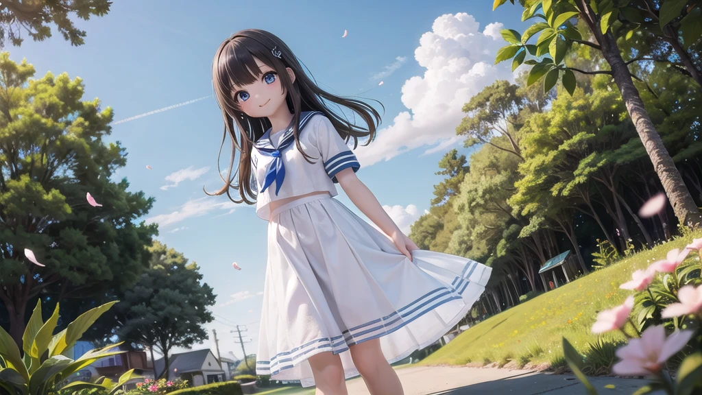 (masterpiece), town, blue sky, One Girl, smile, alone, Sailor suit、Long skirt, Overgrown, petal, plant、Skirt lining、Translucent slip、Nostalgic