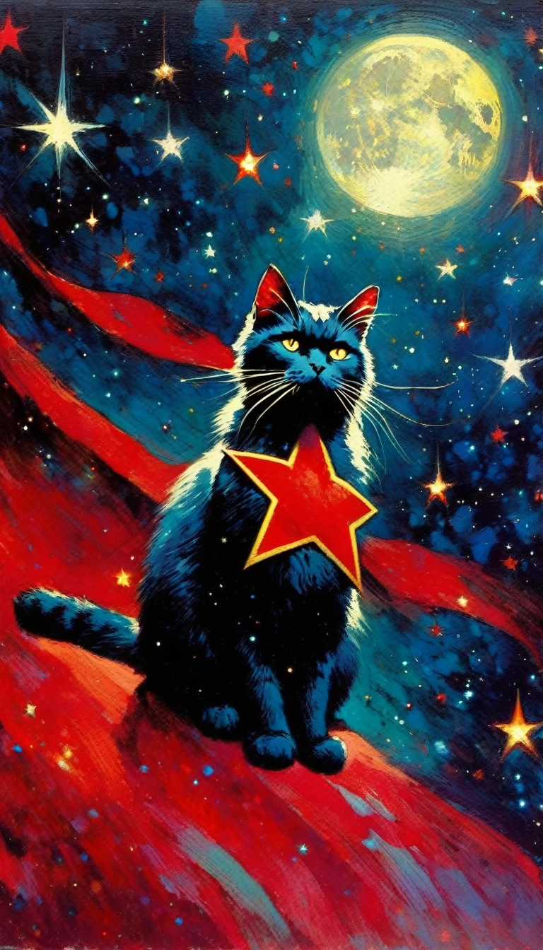 1communist cat, red star, magic, fantastic, night sky, moon, stars, background, (art inspired in Bill Sienkiewicz). oil painting)
