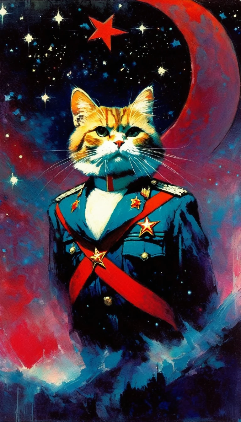 1communist cat, red star, magic, fantastic, night sky, moon, stars, background, (art inspired in Bill Sienkiewicz). oil painting)