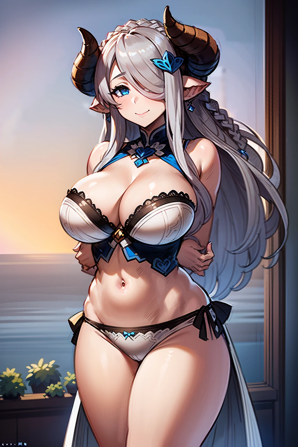 (((1 woman))), ((detailed blue eyes)), ((long silver hair)), large , curvy hips, perfectly drawn body, seductive smile, narmaya, wearing white jeweled bra and pantiesed with blue roses, best quality, masterpiece, ultra-detailed