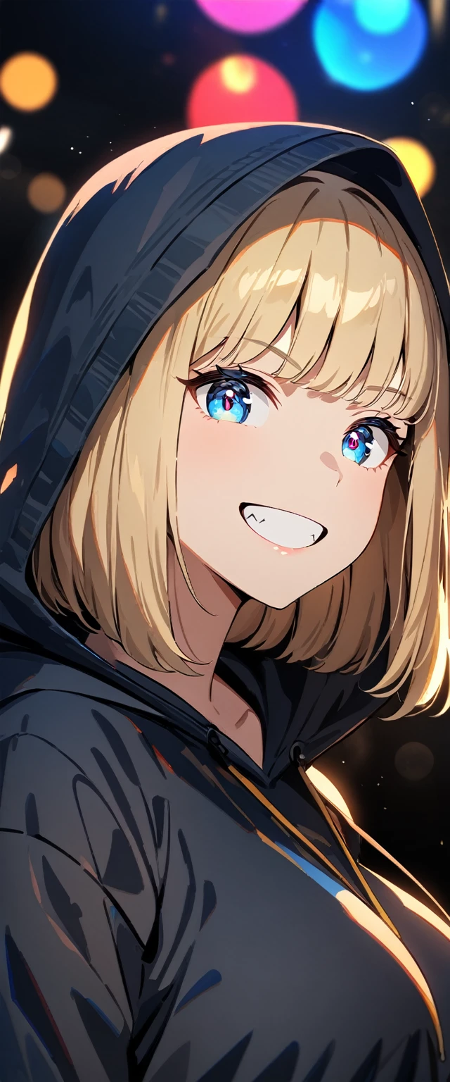 (((One girl))), blond hair, bob cut, (upper body), (looking at viewer), big breasts, head tilt, (((blue eye))), (from side), hand in pocket, ((grin)), black hoodie, anime style, (best quality, 4k, 8k, highres, masterpiece:1.2, ultra-detailed, ultra-detailed eyes, HDR, UHD, studio lighting, ultra-fine painting, sharp focus, physically-based rendering, extreme detail description, professional, vivid colors, bokeh)