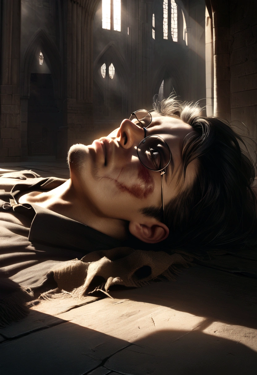 a boy with messy black hair, round glasses, injured face, unconscious on the floor of a castle, detailed facial features, photorealistic, high resolution, 8k, cinematic lighting, dramatic shadows, realistic textures, gothic architecture, moody atmosphere, dark colors, dramatic contrast