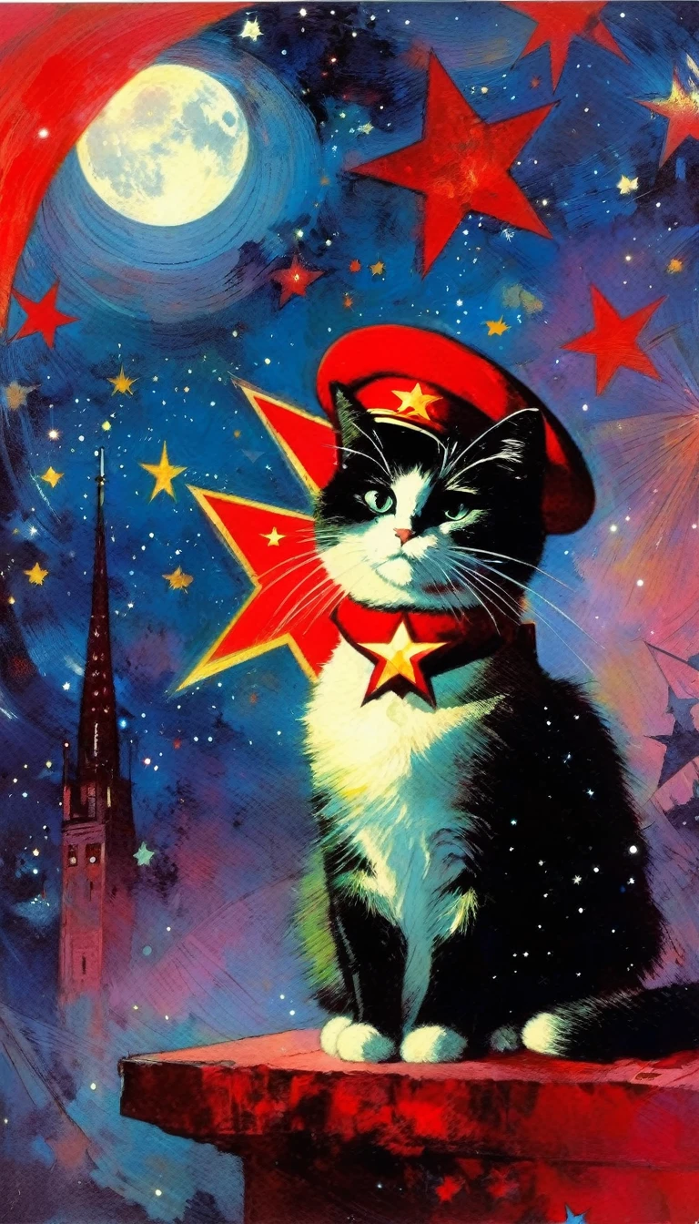 1communist cat, red star, magic, fantastic, night sky, moon, stars, background, (art inspired in Bill Sienkiewicz). oil painting)
