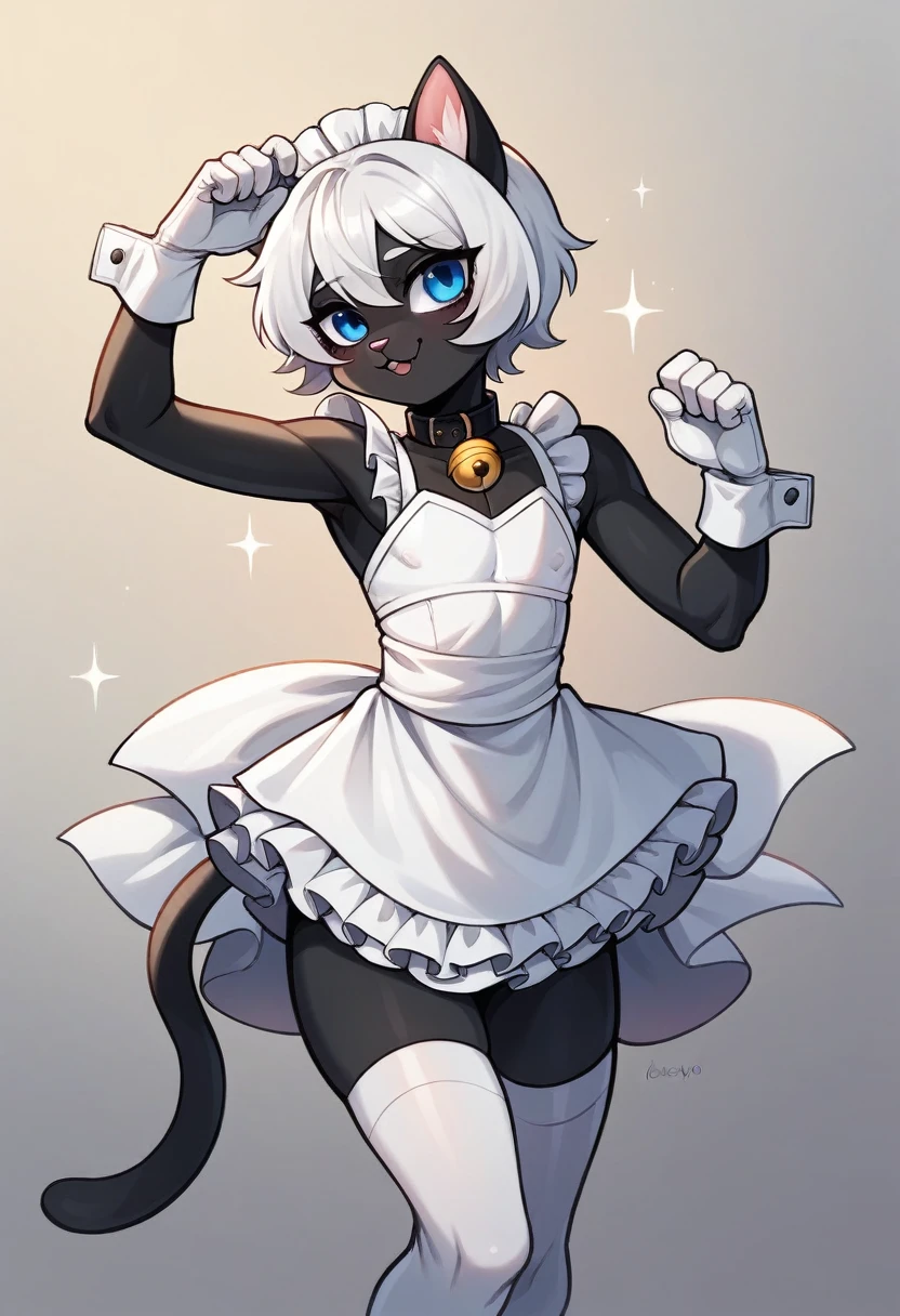 work of art, perfect, highy detailed, (small hibryd anthro cat femboy), fluffy black fur, ((blue colored eyes)), ((1))rabo de gato fluffly, short white hair, tiny chest, (CUTE CAT Ears), Wearing a collar, pelos pretos nas coxas e virilha fluffly, White silk gloves, silk white thigh socks, wearing a grayish-black snout, True muzzle, god of eyes, detailed coat, rabo de gatinho fluffly preto, detailed grout, furry, femboy, ,fluffly,black collar with bell, white maid dress, dominant pose, loli, TURNED ON YOUR BACK, showing the back, 