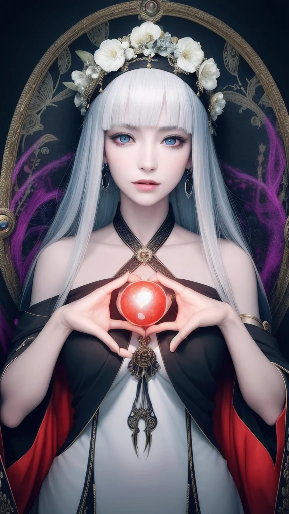 (masterpiece, top quality, 1 female, solo, exquisite details, chromatic aberration), (realistic), (skin), ((breathing)), (silver hair, blunt bangs, short cut straight long hair, short cut bangs, silver hair), beautiful hair, red headdress, blue highlights, hair over one eye, cute eyes,purple eyes, thick lips, earrings, piercing eyes, ((gold and white kimono)), ((symmetrical eyes)), ((perfectly symmetrical body)), ((perfectly symmetrical hands)), (purerosface_v1:0.3), night, (((self, natural light))), bright lighting, flowers blooming in the background, front of viewer, ((central shot, from the front, (face and waist))), mysterious atmosphere, flowers blooming around, light colored background, fortune teller in kimono, beautiful fortune teller, fortune teller, dark fantasy female fortune teller, female fortune teller, f Fantasy photography, magician, witch fairy tale, Japanese style, elegant cinematic fantasy art, fantasy woman, magician portrait, casting a spell, fortune teller, unsexy kimono, A powerful wizard stands in a mysterious forest, fluttering robes adorned with symbols, holding a glowing heart crystal ball, eyes glowing with mystical energy, spells leaking from his mouth, vivid swirling patterns of black magic pulsating in hues of red and blue appear in the air, magic permeates, flowers bloom and sacred creatures gaze in awe, threads of magical energy dance, revealing hidden realms and unravelling secrets, capturing the essence of this enchanting moment and bringing to life the mysterious power of black magic on a canvas of the highest quality and finest detail. Top Quality, Masterpiece, Ultra High Resolution, (Photorealistic: 1.4), RAW Photo, Sharp Focus, High Resolution, Detailed Skin, .
