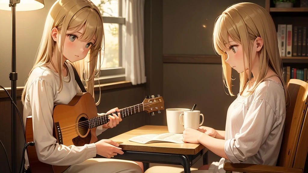 evening, Girl sitting in a cozy corner, Pulling on the guitar. The soft yellow light of the desk lamp illuminates her thoughtful expression., Demonstrates deep concentration and a calm demeanor. Her gentle gaze comforts the heart.. Adds atmosphere to a quiet night, Creates a peaceful and calm atmosphere,Cat and.detailed,超detailed