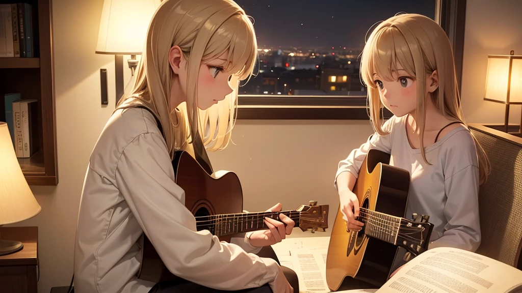 evening, Girl sitting in a cozy corner, Pulling on the guitar. The soft yellow light of the desk lamp illuminates her thoughtful expression., Demonstrates deep concentration and a calm demeanor. Her gentle gaze comforts the heart.. Adds atmosphere to a quiet night, Creates a peaceful and calm atmosphere,Cat and.detailed,超detailed