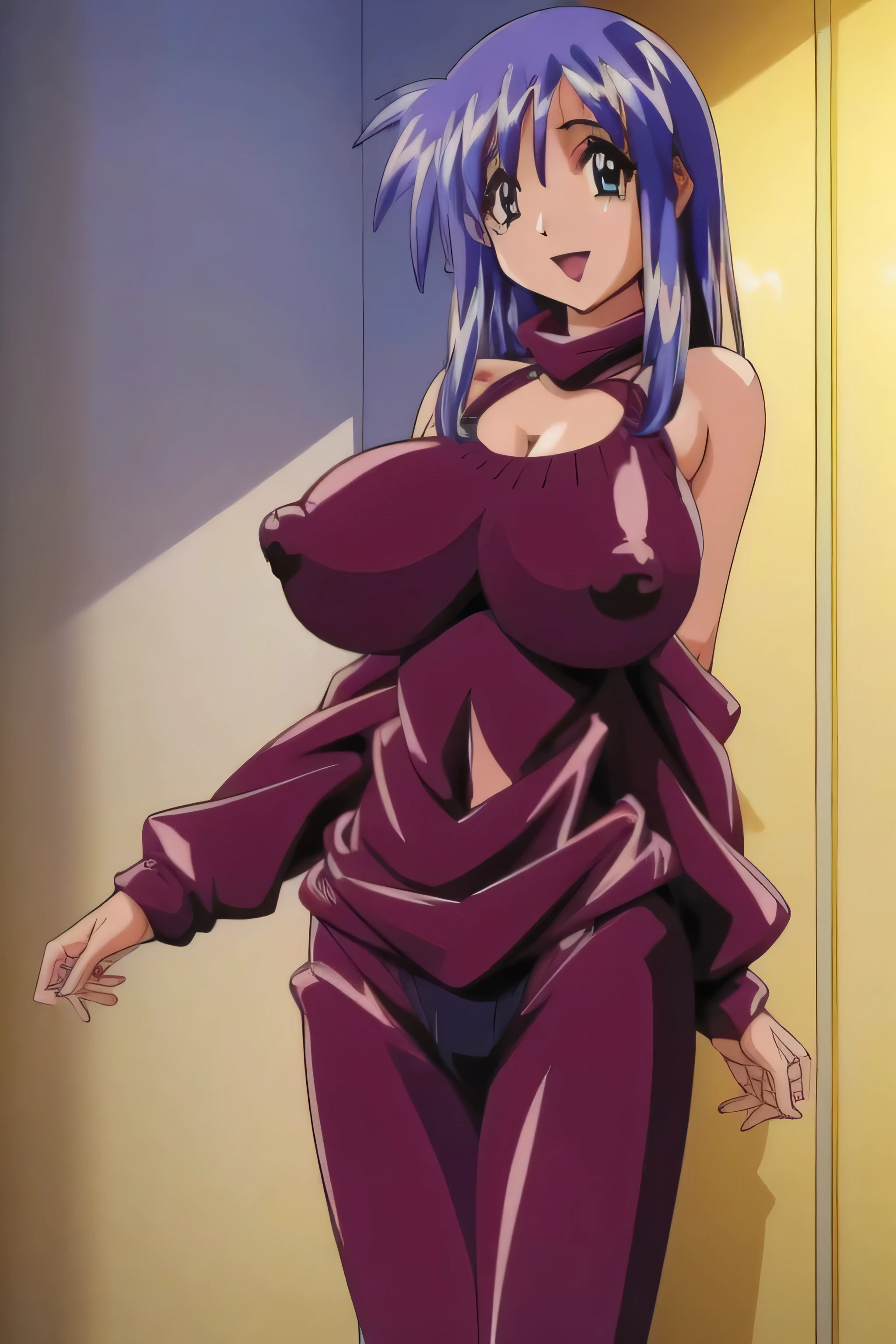 masterpiece, Best Quality,1girl in, (Solo:1.3),(huge-breasted:1)smile,in hotel :1.3),standing on,A smile,Opening Mouth,virgin killer sweater,sexy pose,show off nipple,