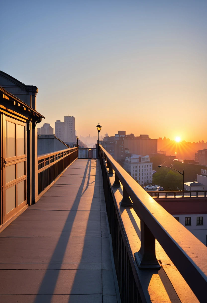 Watching the sunrise leaning against the bridge parapet, clear sky, early morning city street,