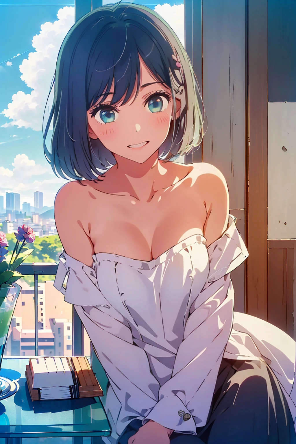 (Highest quality:1.4、8K:1.4、detailed)、F cup bust、Big Breasts、Slim body、Very white beautiful skin、((((1 person、smile、Surprised expression、sit、Chair、In the background are the urban buildings of Tokyo、looking at the camera、Indoor cafe terrace、Navy hair color、Straight Long Hair、juice、Shooting up close、Shooting from an angle、table、Very cute face))))、((((nude、Areola))))、(((Off-the-shoulder blouson)))、(Pose with hair tucked behind ear with one hand:1.6)、Nipples、Very blue sky、A completely cloudless sky