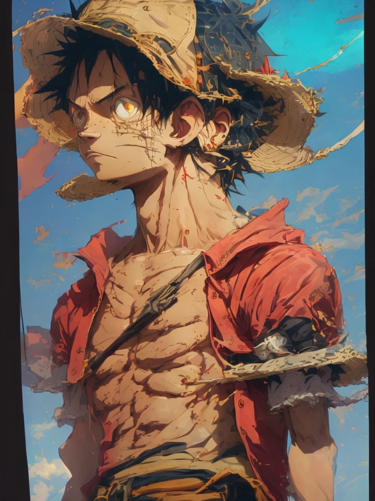 painterly style, badass male character looking like the fusion between Luffy and a Saiyan at war, character design, body is adorned with glowing yellow runes, yellow aura around him, body dynamic epic action pose, intricate, highly detailed, epic and dynamic composition, dynamic angle, intricate details, multicolor explosion, blur effect, sharp focus, uhd, hdr, colorful shot, stormy weather, tons of flying debris around him, dark city background, modifier=CarnageStyle, color=blood_red, intensity=1.6
