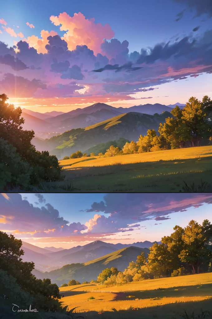 A breathtaking sunrise over a mountain range, with vibrant colors illuminating the sky. The sun is rising over the peaks, casting golden rays across the landscape. The foreground is filled with lush green vegetation and vibrant flowers, with a clear view of the distant mountains covered in trees. The sky is a gradient of warm colors, transitioning from deep orange to bright yellow and soft purple. The entire scene is serene and majestic, capturing the beauty of nature at dawn.