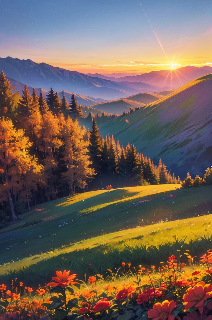 A breathtaking sunrise over a mountain range, with vibrant colors illuminating the sky. The sun is rising over the peaks, casting golden rays across the landscape. The foreground is filled with lush green vegetation and vibrant flowers, with a clear view of the distant mountains covered in trees. The sky is a gradient of warm colors, transitioning from deep orange to bright yellow and soft purple. The entire scene is serene and majestic, capturing the beauty of nature at dawn.