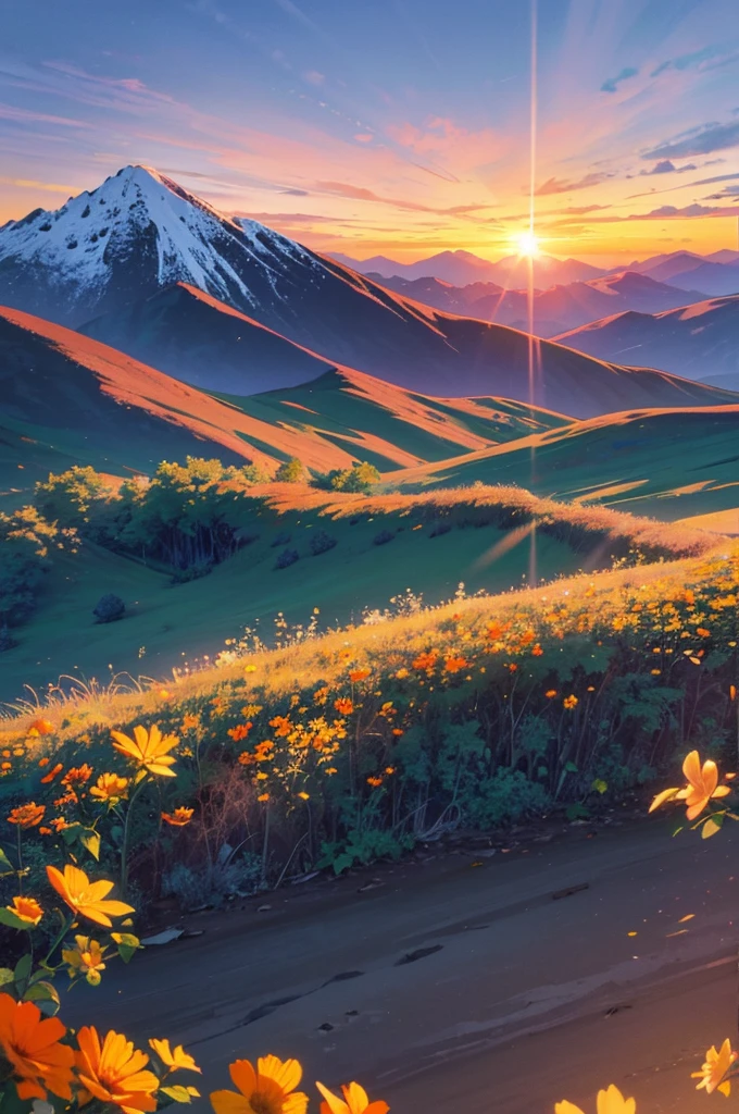 A breathtaking sunrise over a mountain range, with vibrant colors illuminating the sky. The sun is rising over the peaks, casting golden rays across the landscape. The foreground is filled with lush green vegetation and vibrant flowers, with a clear view of the distant mountains covered in trees. The sky is a gradient of warm colors, transitioning from deep orange to bright yellow and soft purple. The entire scene is serene and majestic, capturing the beauty of nature at dawn.