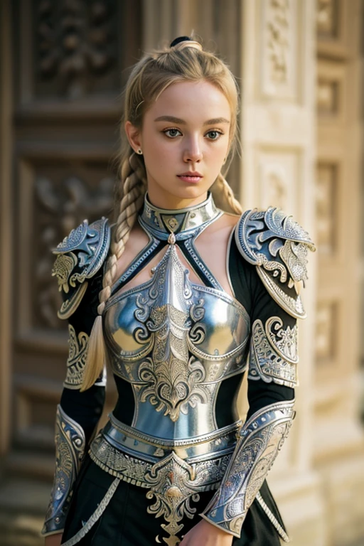 (8K, best quality:1.2), (masterpiece:1.37), (photo, photorealistic:1.37), (ultrahigh-res), full body, walking pose, shot from front, slow motion, female paladin wearing the full body, (light silver armour:1.2),(ornately decorated armor), (insanely detailed, bloom:1.5), (highest quality, Alessandro Casagrande, Greg Rutkowski, Sally Mann, concept art, 4k), (analog:1.2), (high sharpness), (detailed pupils:1.1), detailed face and eyes, Masterpiece, best quality, (highly detailed photo:1.1), (long blonde Hair, ponytail,ecstatic:1.1), (young woman:1.1), sharp, (perfect body:1.1), realistic, real shadow, 3d, (temple background:1.2), (by Michelangelo), photographed by Canan EOS R6, 135mm, 1/1250s, f/2.8, ISO 400