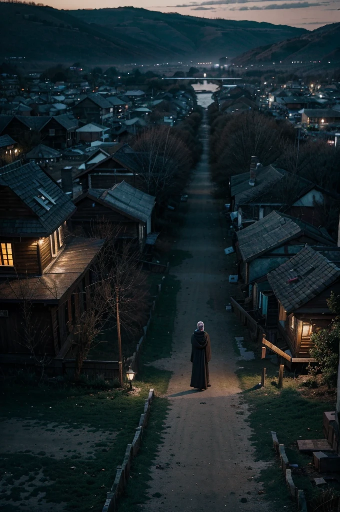 2 men and 1 woman wearing a hijab are exploring the village with horror vibes and twilight light realistic ultra HD drone view