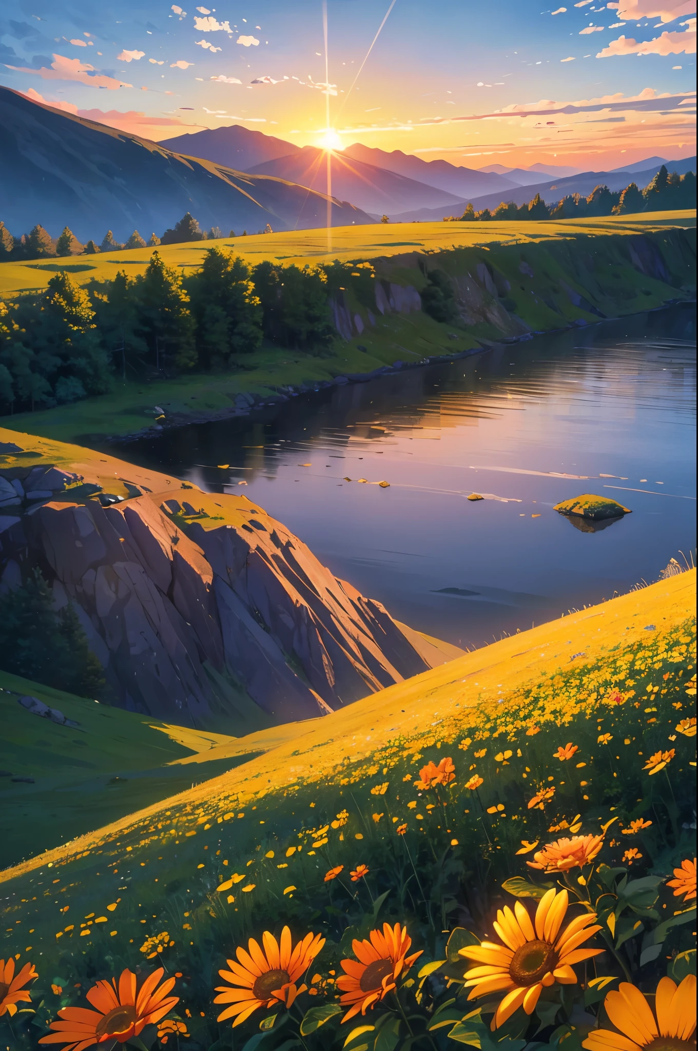 A breathtaking sunrise over a mountain range, with vibrant colors illuminating the sky. The sun is rising over the peaks, casting golden rays across the landscape. The foreground is filled with lush green vegetation and vibrant flowers, with a clear view of the distant mountains covered in trees. The sky is a gradient of warm colors, transitioning from deep orange to bright yellow and soft purple. The entire scene is serene and majestic, capturing the beauty of nature at dawn.